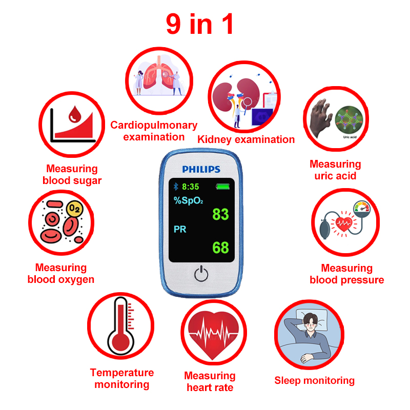 9 in 1 (glicemia non invasiva + acido urico + ossigeno nel sangue + frequenza cardiaca + pressione sanguigna + monitoraggio del sonno + monitoraggio della temperatura corporea + esame cardiopolmonare + esame dei reni)