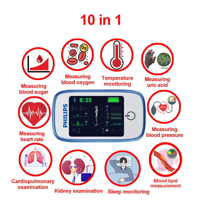 10 in 1 (misurazione non invasiva della glicemia + acido urico + ossigeno nel sangue + frequenza cardiaca + pressione sanguigna + monitoraggio del sonno + monitoraggio della temperatura corporea + esame cardiopolmonare + esame dei reni + misurazione dei lipidi nel sangue)