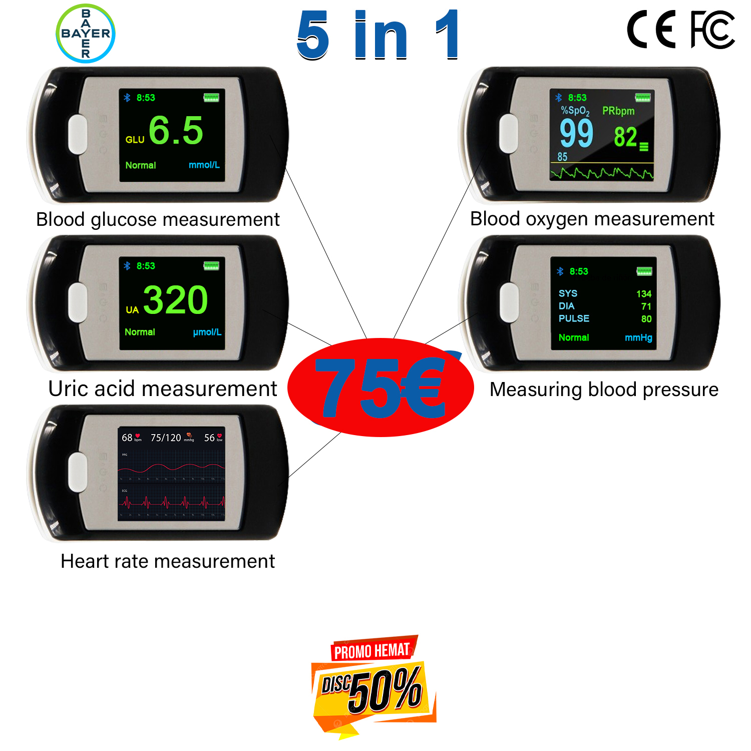 T02 (glicemia non invasiva + ossigeno nel sangue non invasivo + acido urico non invasivo + frequenza cardiaca non invasiva + pressione sanguigna non invasiva)